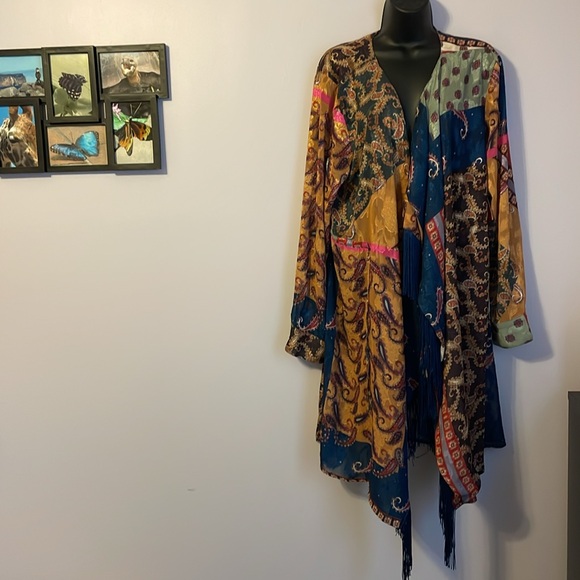 Reba The Road Less Traveled Multi Patchwork Fringe Long Duster Coat size XL - Picture 2 of 16
